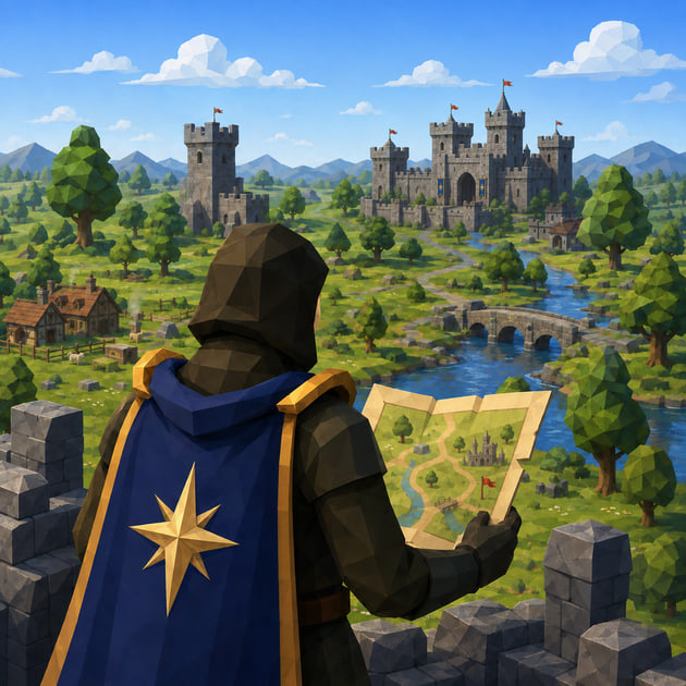 A cloaked explorer holding a paper map, overlooking a river, bridge and castle.